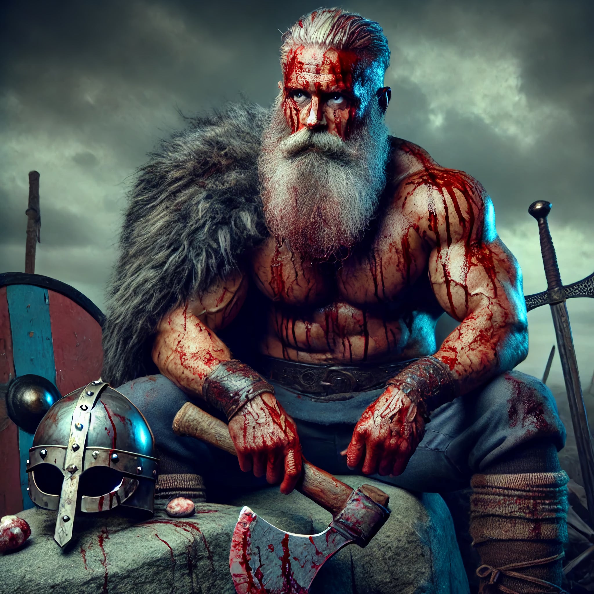 Framed Viking berserker wall art depicting a warrior in the aftermath of battle