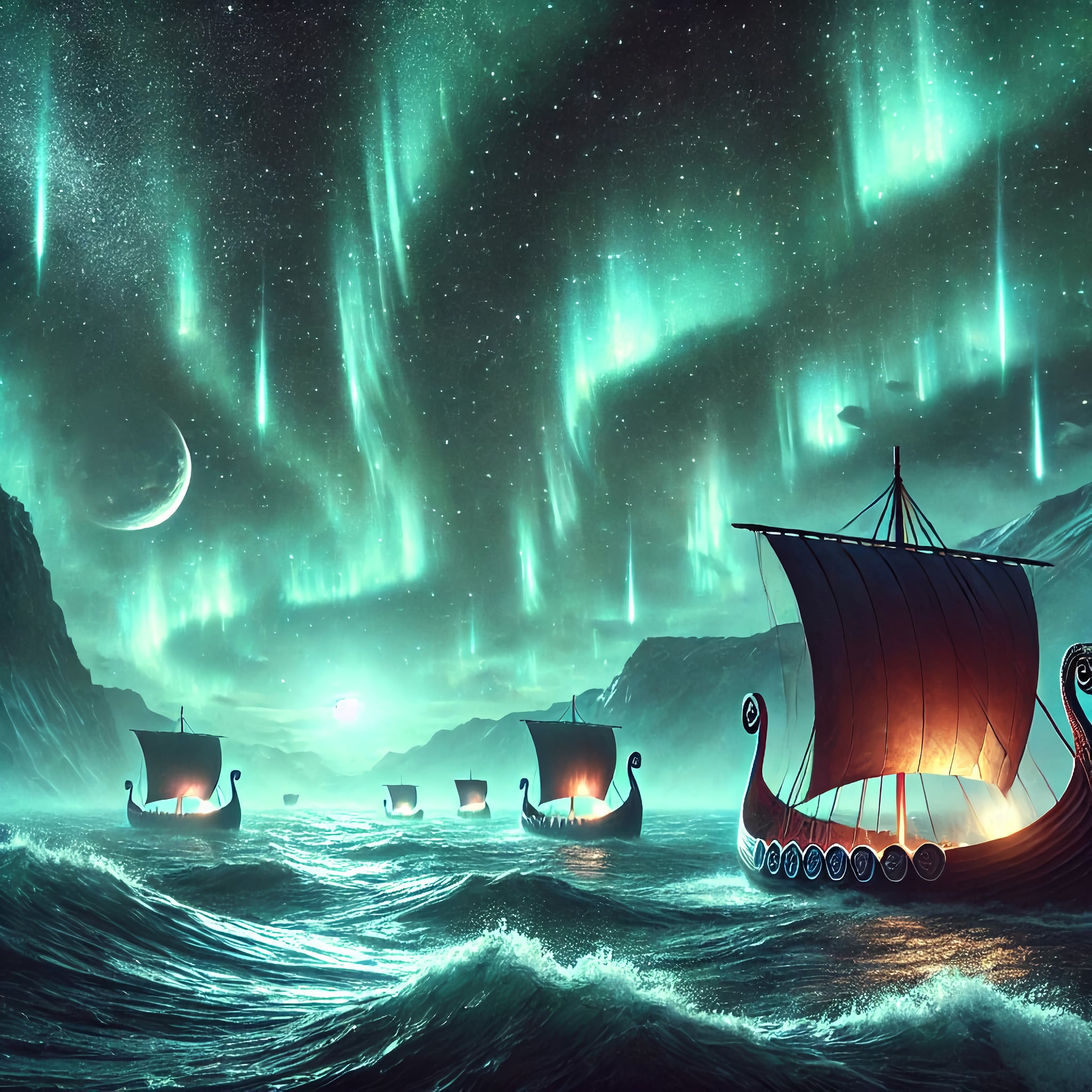 Framed Viking aurora wall art showing longships sailing beneath northern lights