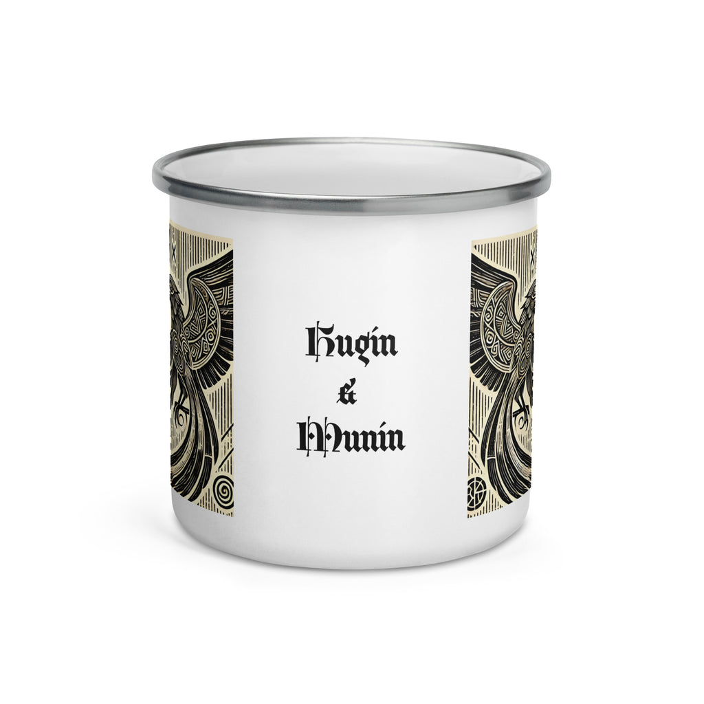 Viking enamel coffee mug with Hugin and Munin ravens illustrated in bold Norse woodcut art