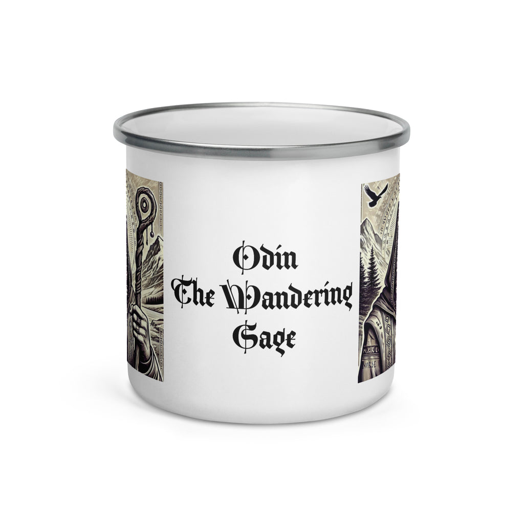 Viking enamel coffee mug with Odin the Wanderer illustrated in Nordic woodcut art, Norse mythology drinkware
