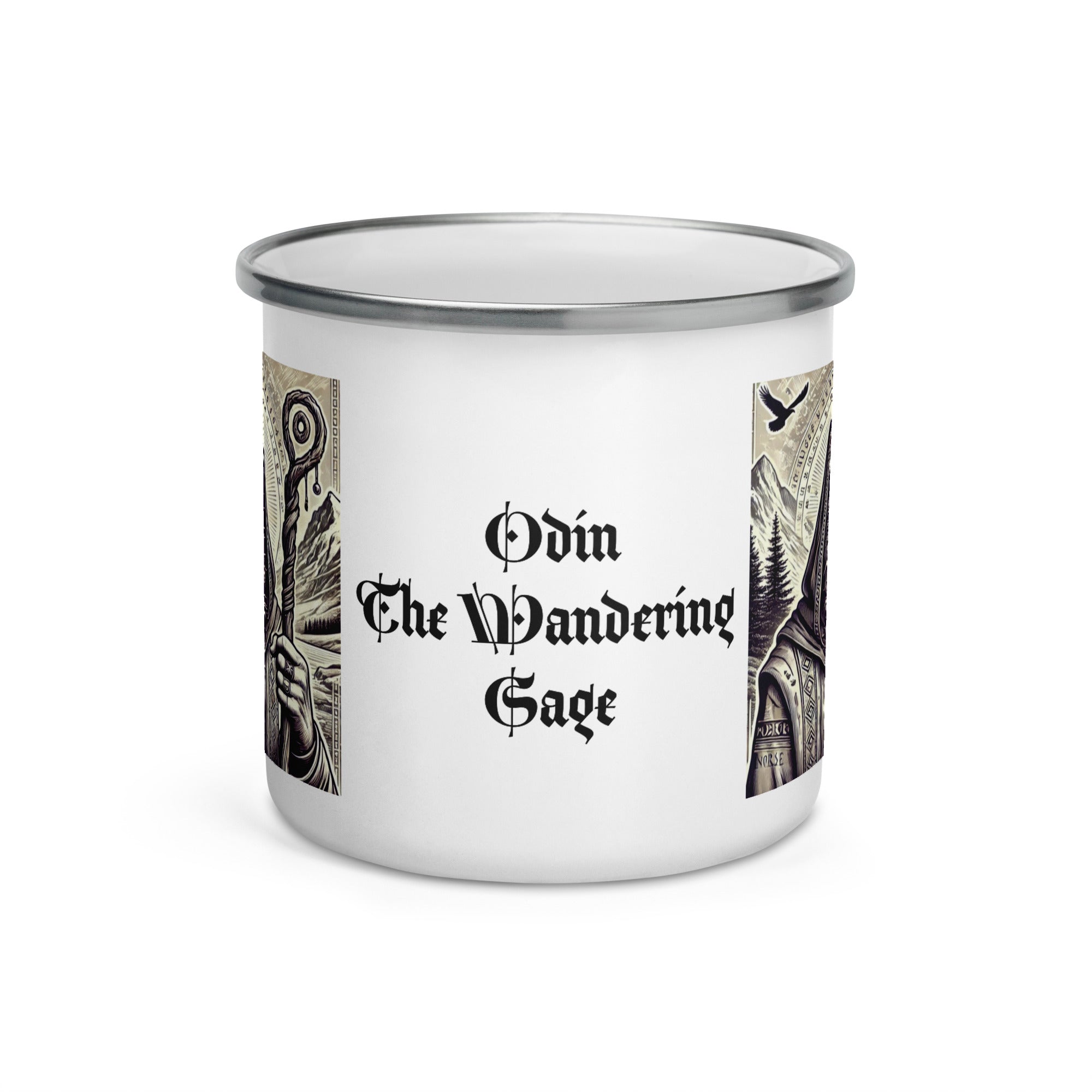 Viking enamel coffee mug with Odin the Wanderer illustrated in Nordic woodcut art, Norse mythology drinkware
