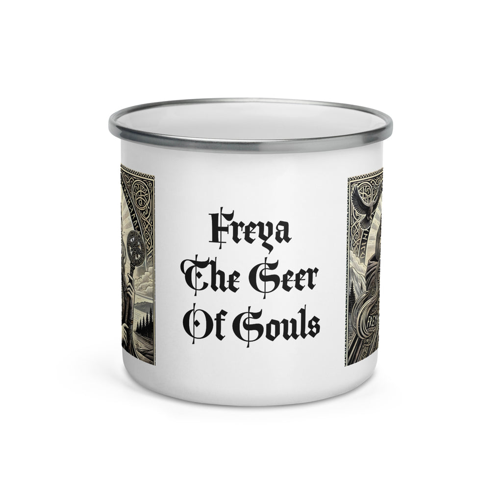 Norse mythology coffee mug depicting Freya with Brísingamen necklace, goddess of destiny