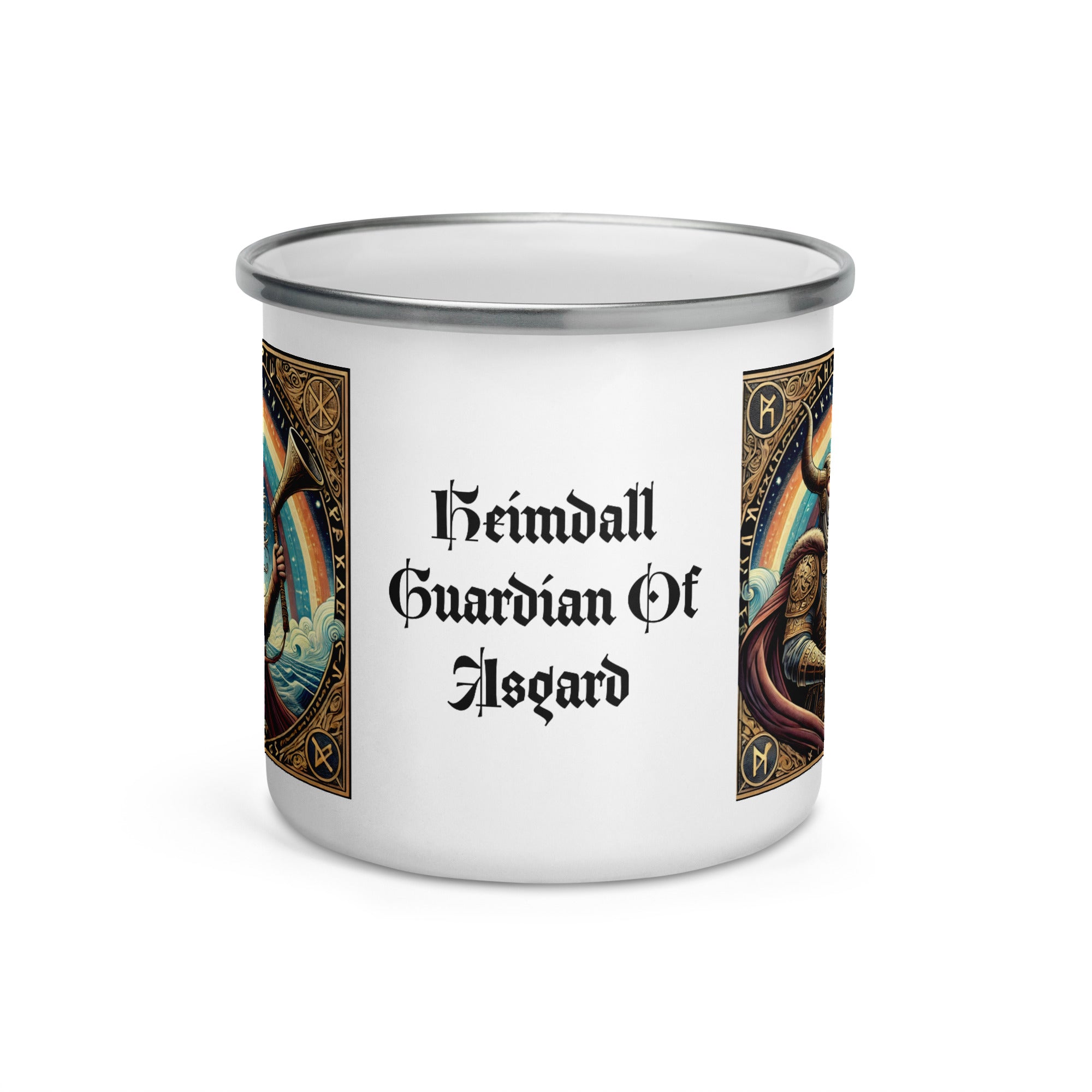 Norse mythology coffee mug depicting Heimdall with horn and runes, Viking deity drinkware