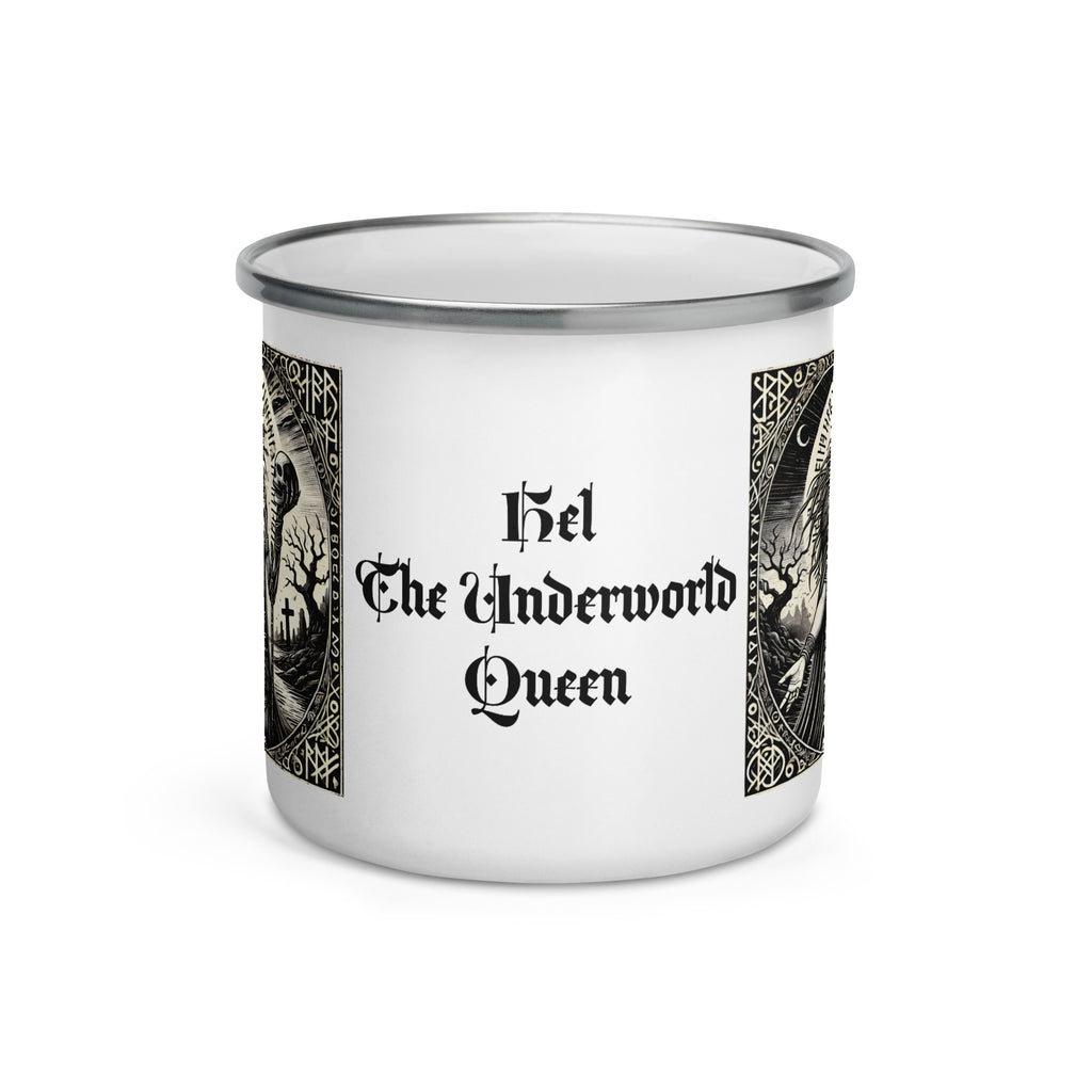 Viking mythology enamel coffee mug depicting Hel, ruler of Helheim and the underworld, illustrated in dark woodcut style with ancient runic symbols