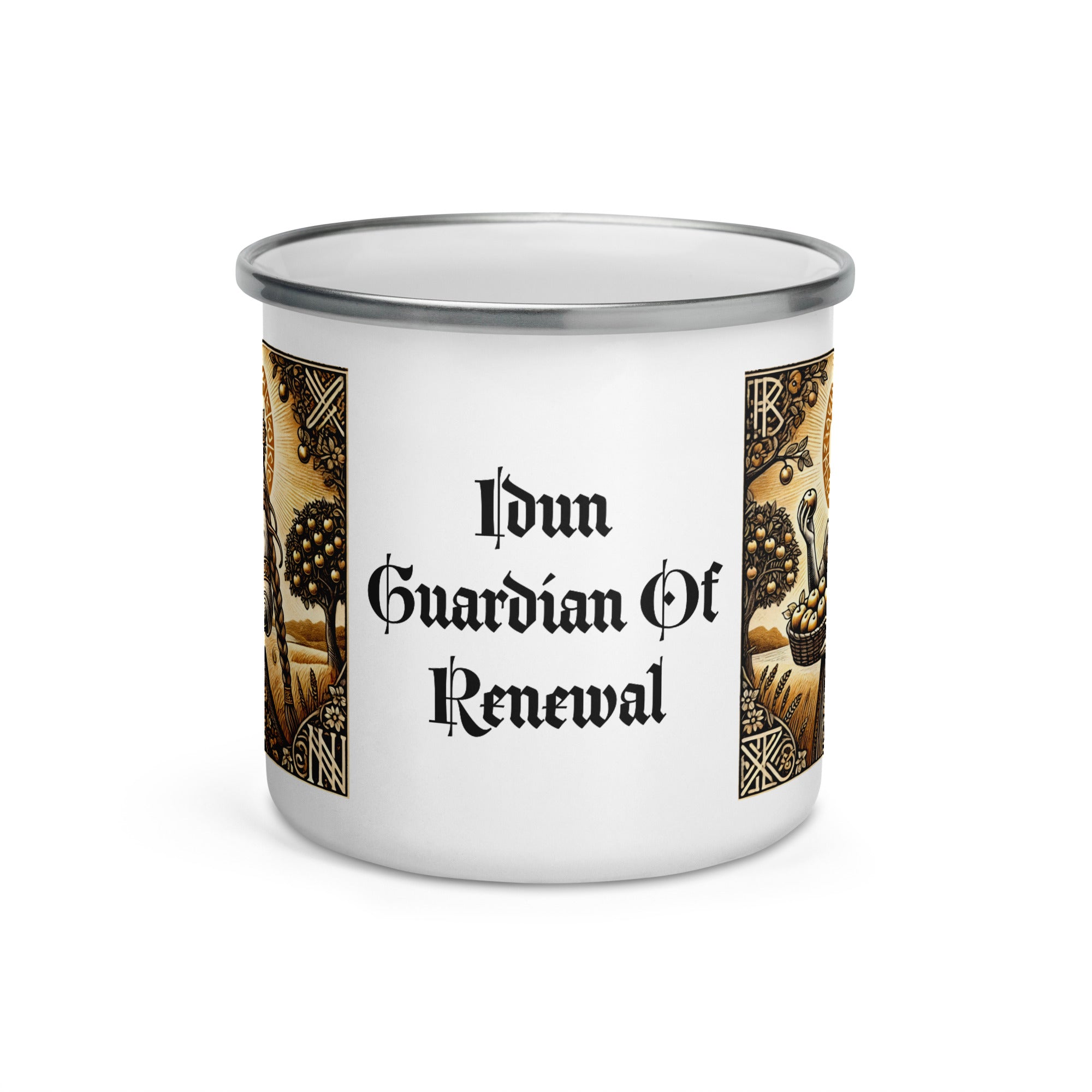 Viking mythology enamel coffee mug depicting Idun, keeper of the golden apples, illustrated in a traditional Norse woodcut style with runic symbols