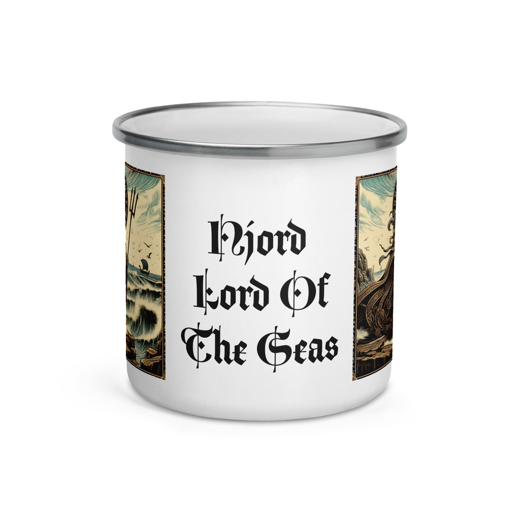 Norse mythology coffee mug depicting Njord, god of wealth and seafaring, with runes and nautical knotwork