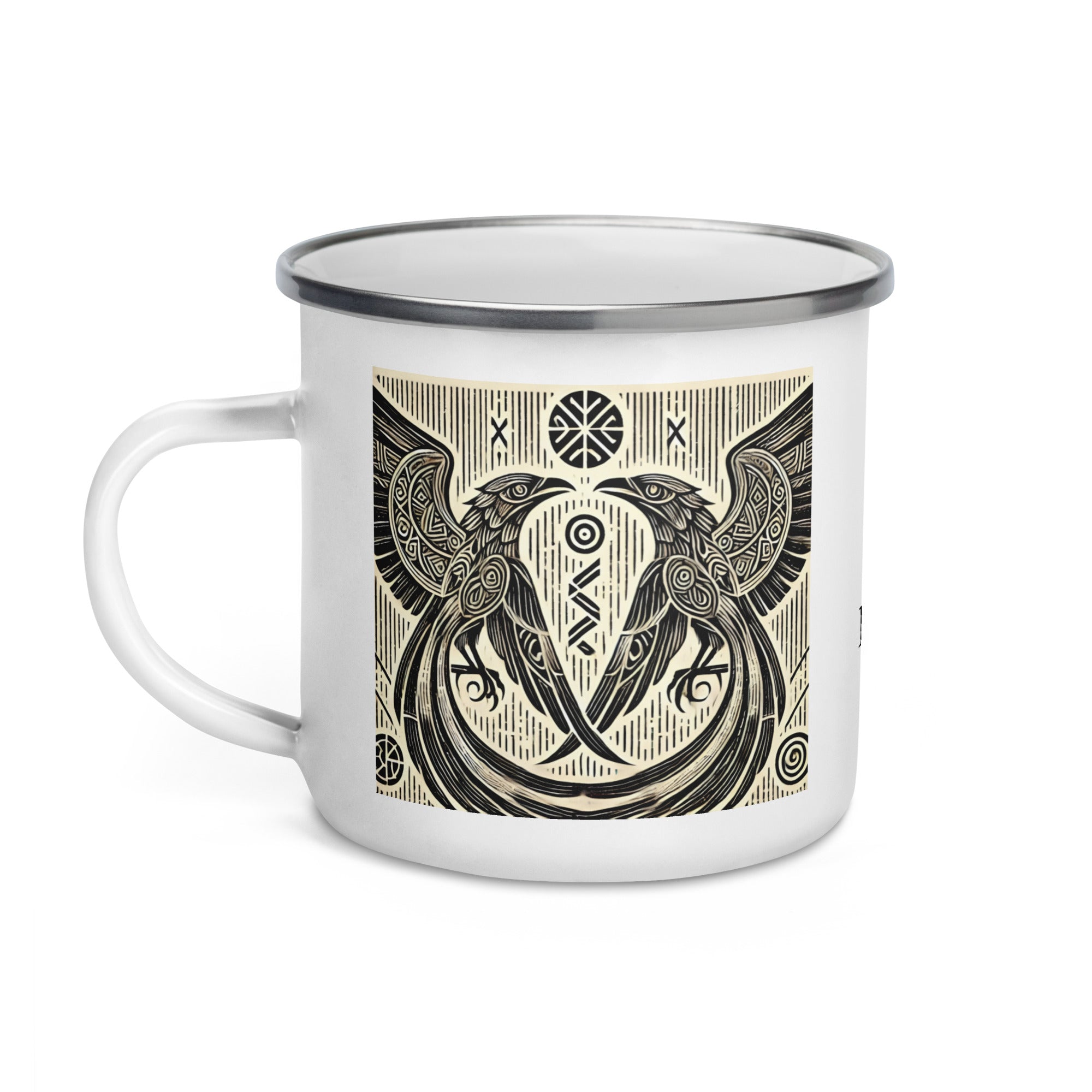 Norse mythology enamel mug showing Odin’s ravens Hugin and Munin, Viking campfire drinkware