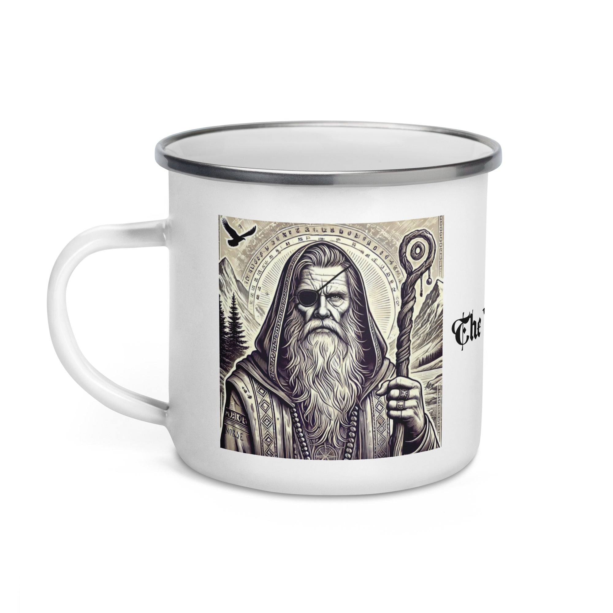 Norse mythology enamel mug showing Odin as the wandering sage with cloak and staff, Viking campfire mug