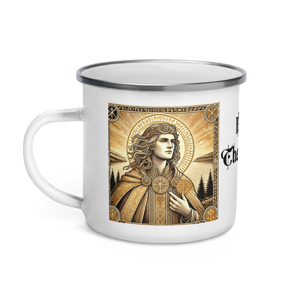 Enamel camping mug inspired by Baldr, Viking sun god, Norse mythology artwork