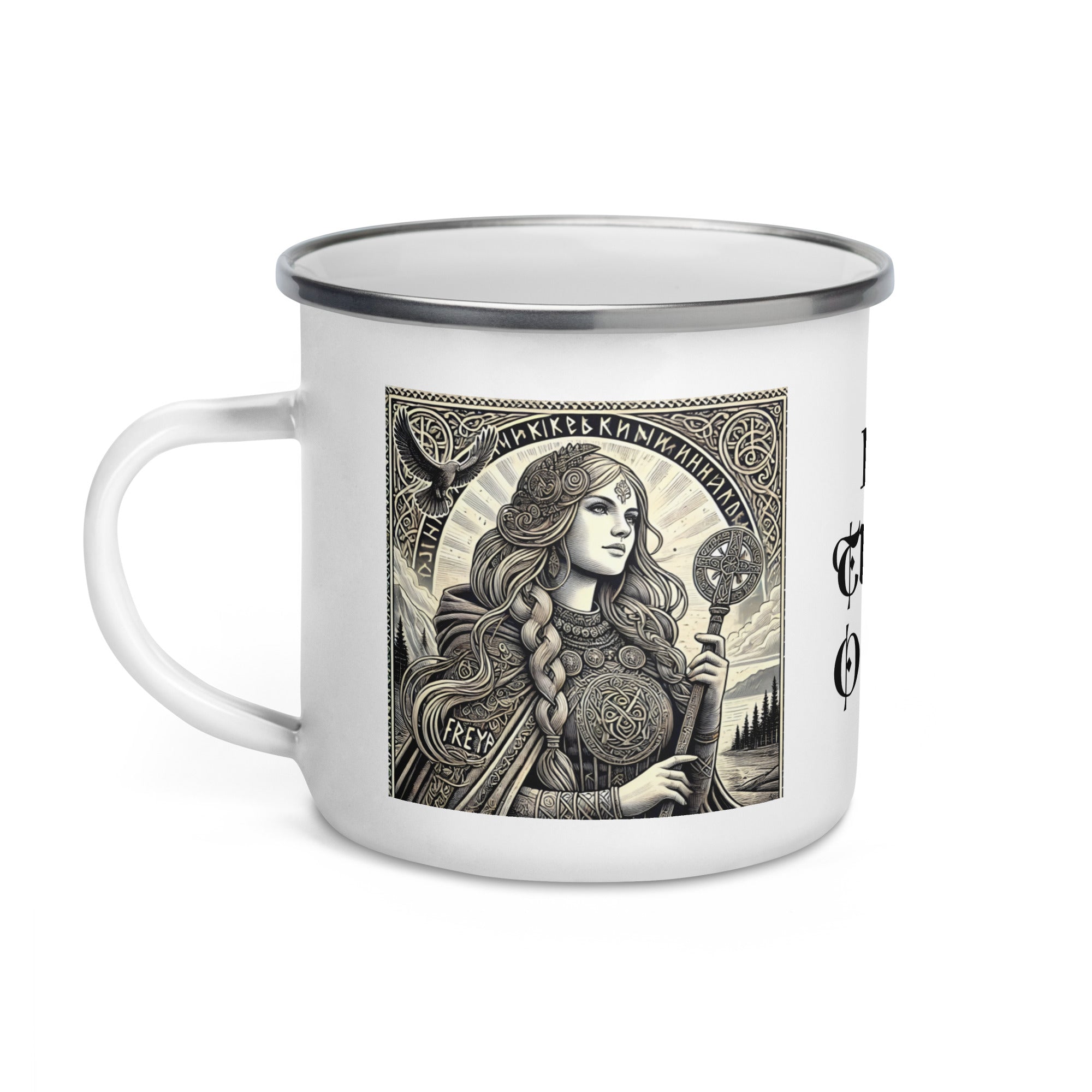 Enamel camping mug inspired by Freya, Viking goddess of love, war, and magic