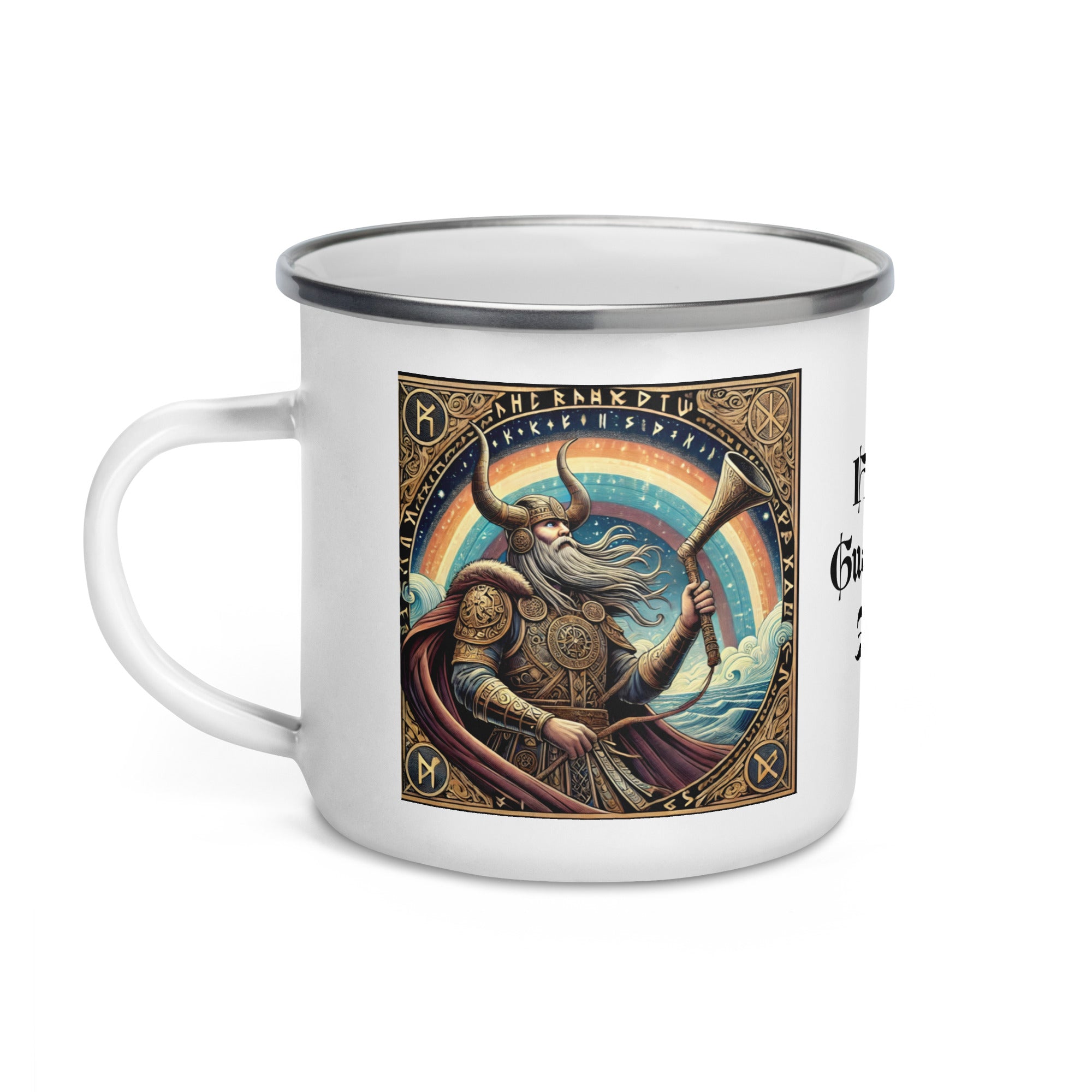 Enamel camping mug inspired by Heimdall, Watcher of the Bifröst, Norse god artwork