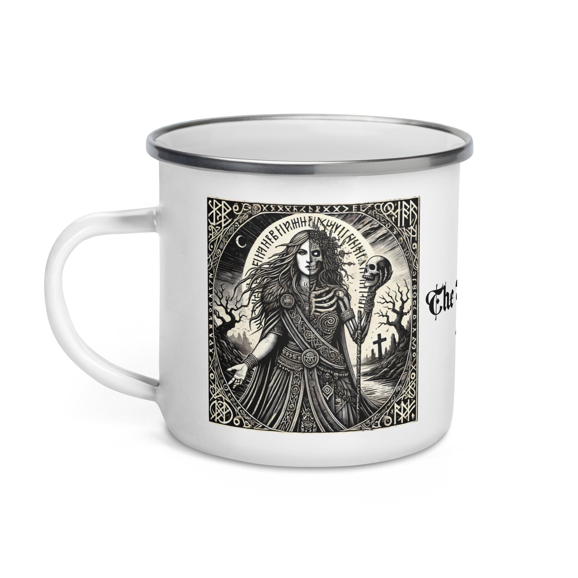 Norse underworld goddess Hel enamel mug featuring black-and-white Viking art, silver rim, and symbolic runes inspired by Norse lore