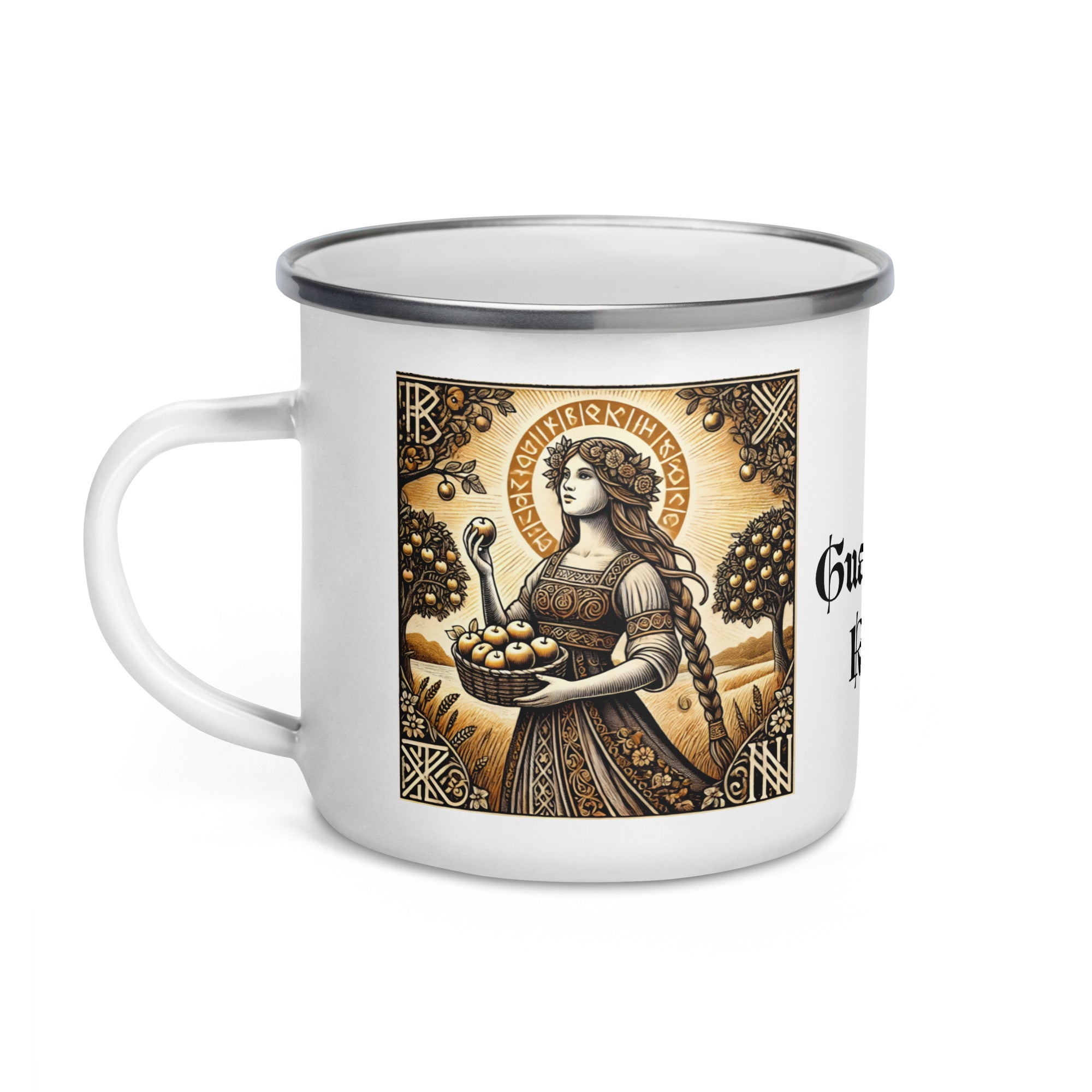 Norse mythology enamel mug with Idun goddess of youth, detailed black-and-white woodcut design, silver rim, and ancient runes inspired by Viking legend