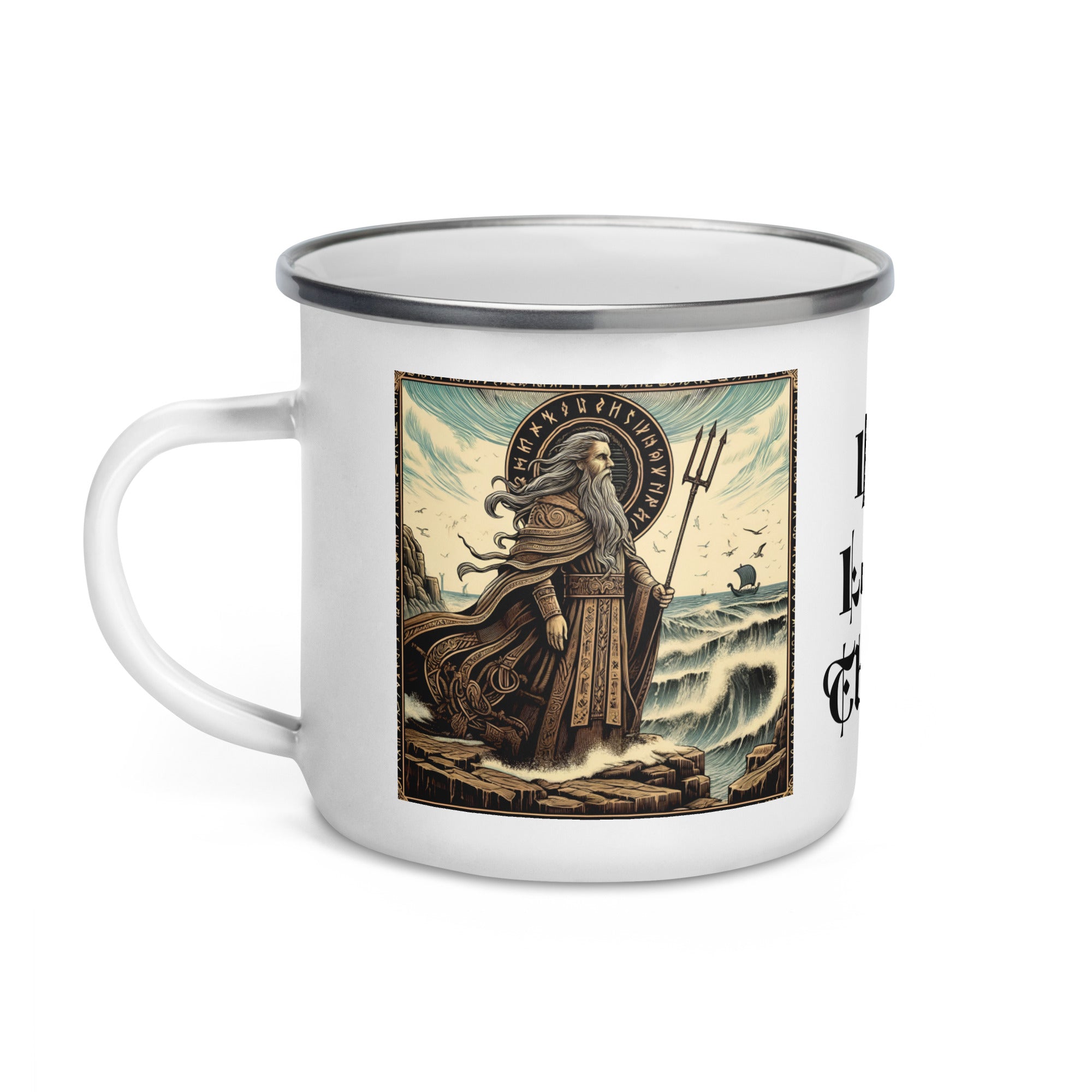 Enamel camping mug inspired by Njord, Viking sea god, Norse maritime artwork coffee cup