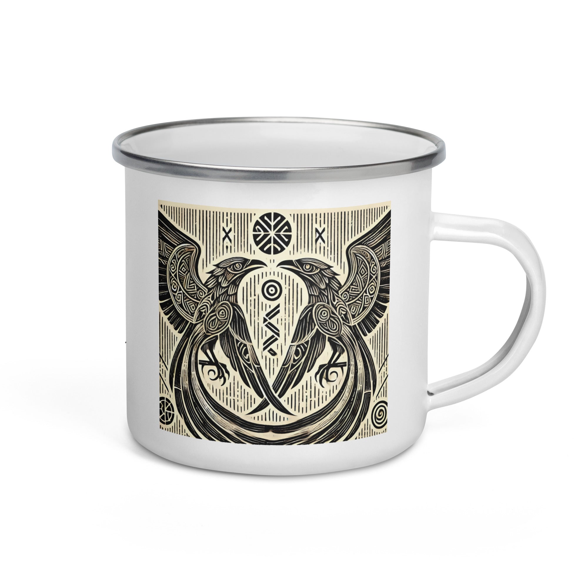 Enamel mug featuring Hugin and Munin in Nordic woodcut style, Odin’s ravens Norse mythology cup
