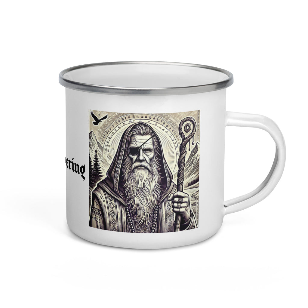 Enamel mug featuring Odin the Wayfarer in woodcut style with staff and one-eyed gaze, Norse mythology cup