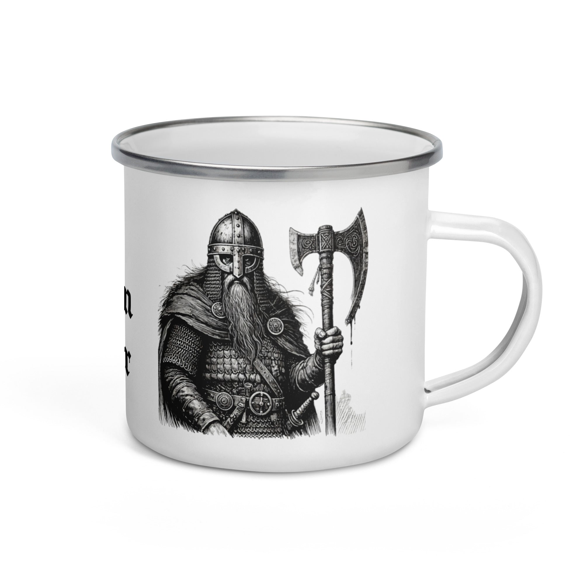 Saxon warrior enamel mug featuring a Germanic fighter with axe and chainmail, heritage coffee cup