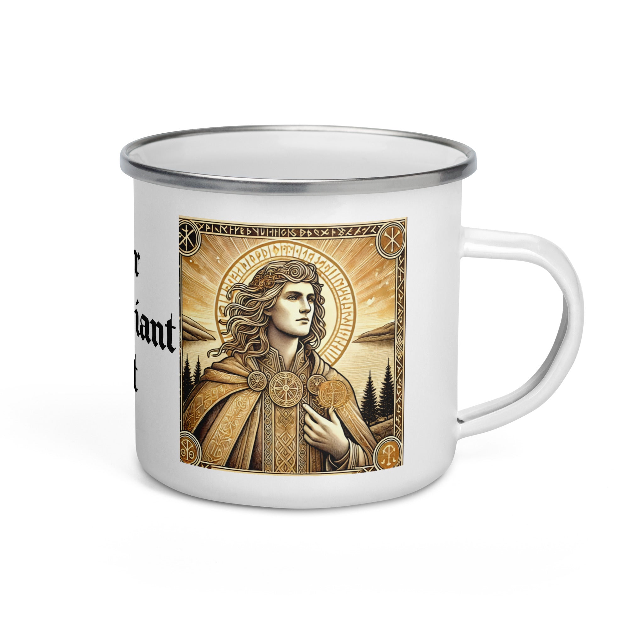Viking enamel mug featuring Baldr, Norse god of light and renewal, with runic sun design