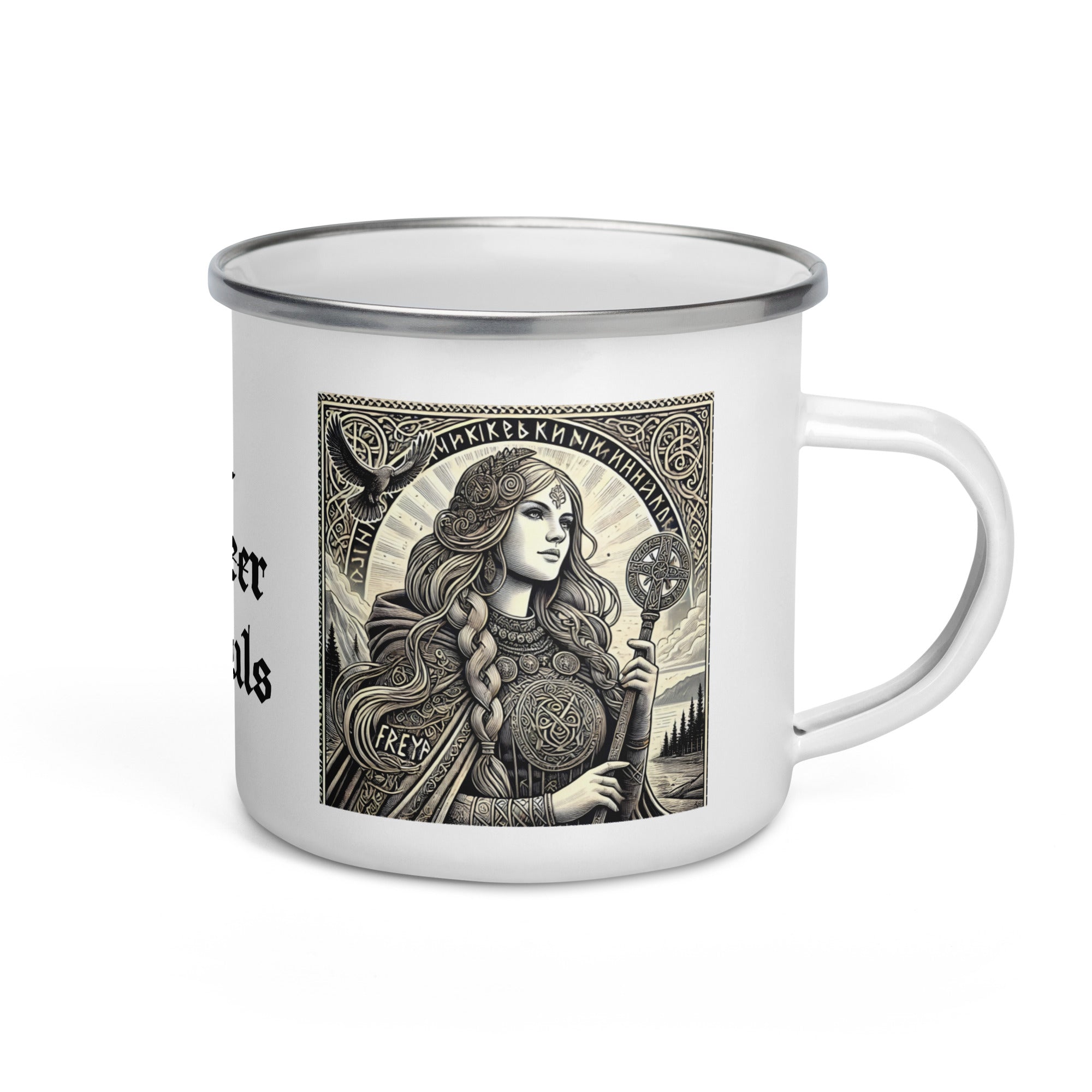 Viking enamel mug featuring Freya, Norse goddess of love and battle, with runes and knotwork