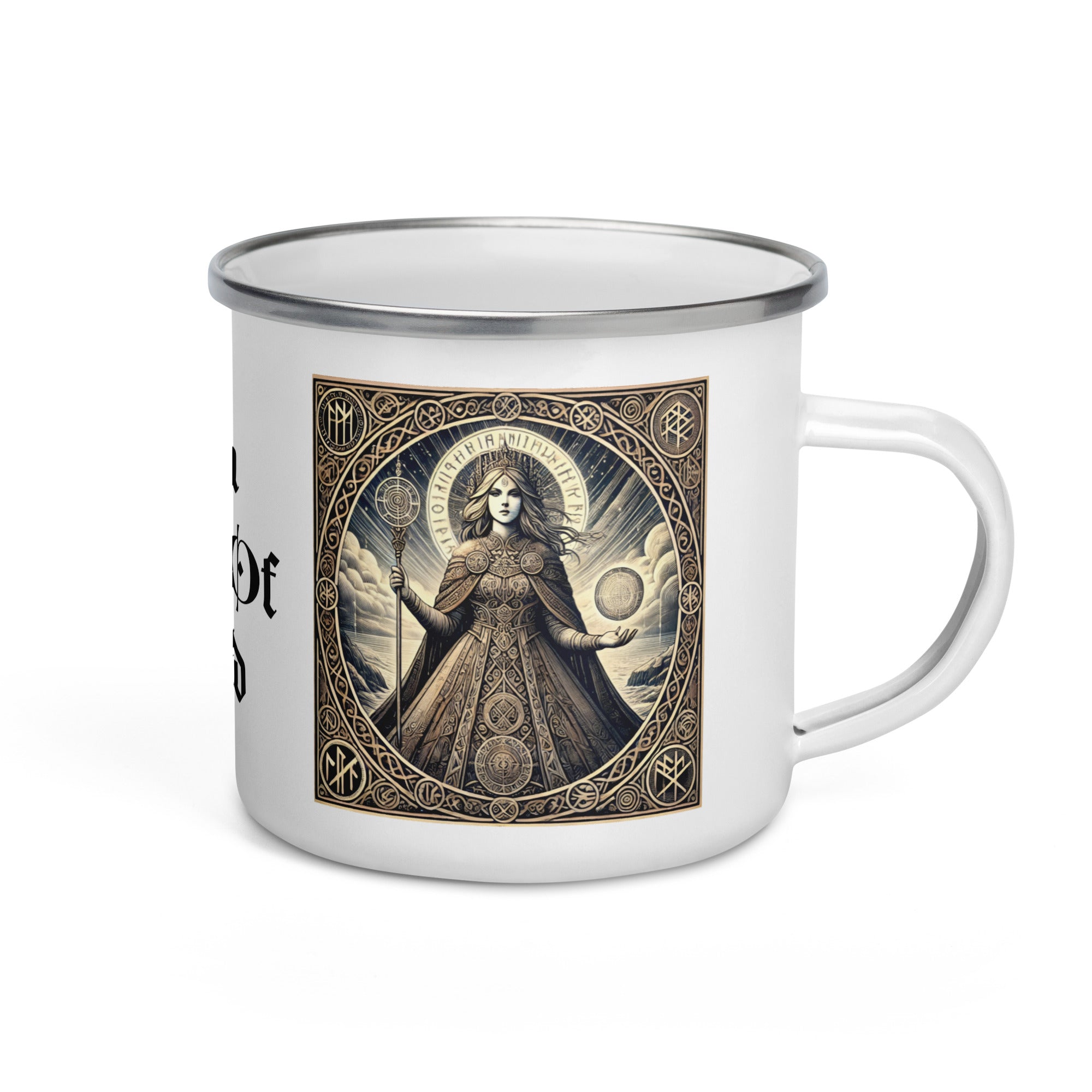 Framed Norse wall art depicting Frigga, Queen of Asgard and All-Mother, with runic cloak and staff