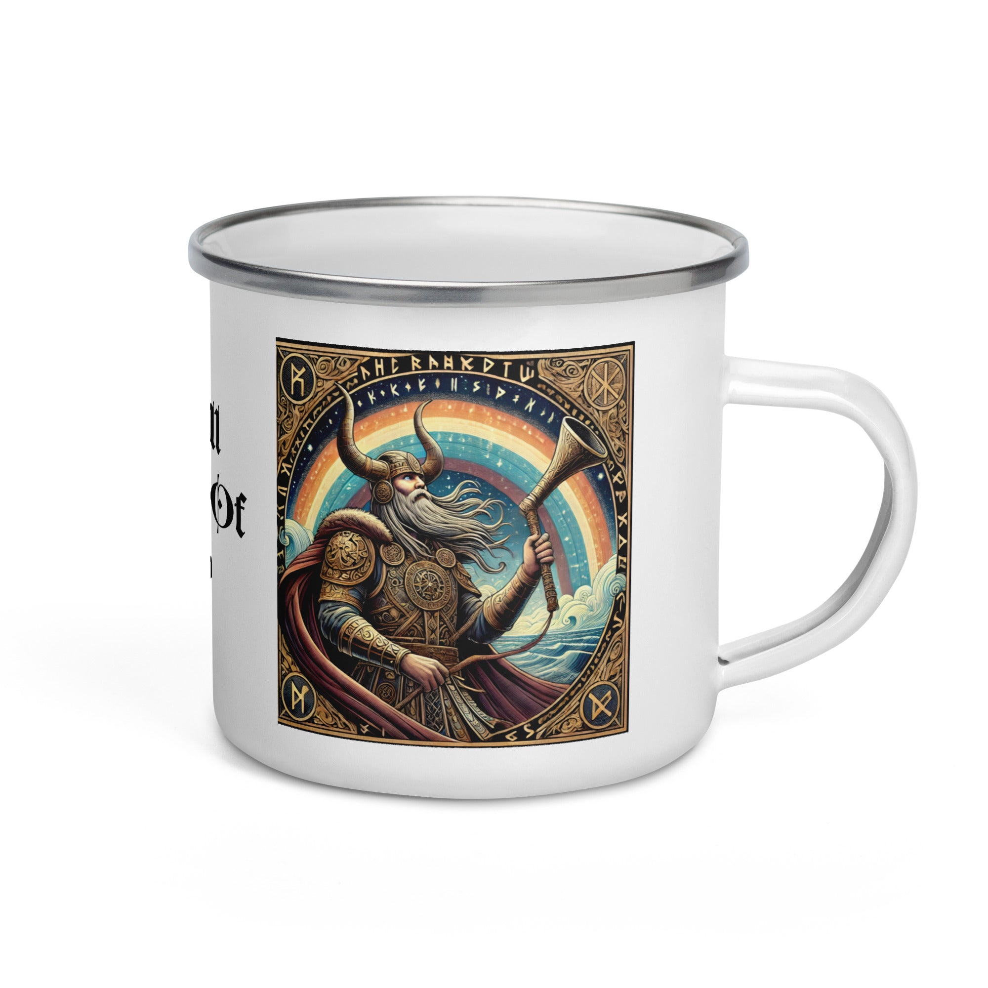 Viking enamel mug featuring Heimdall, Norse god of vigilance and guardian of the Bifröst