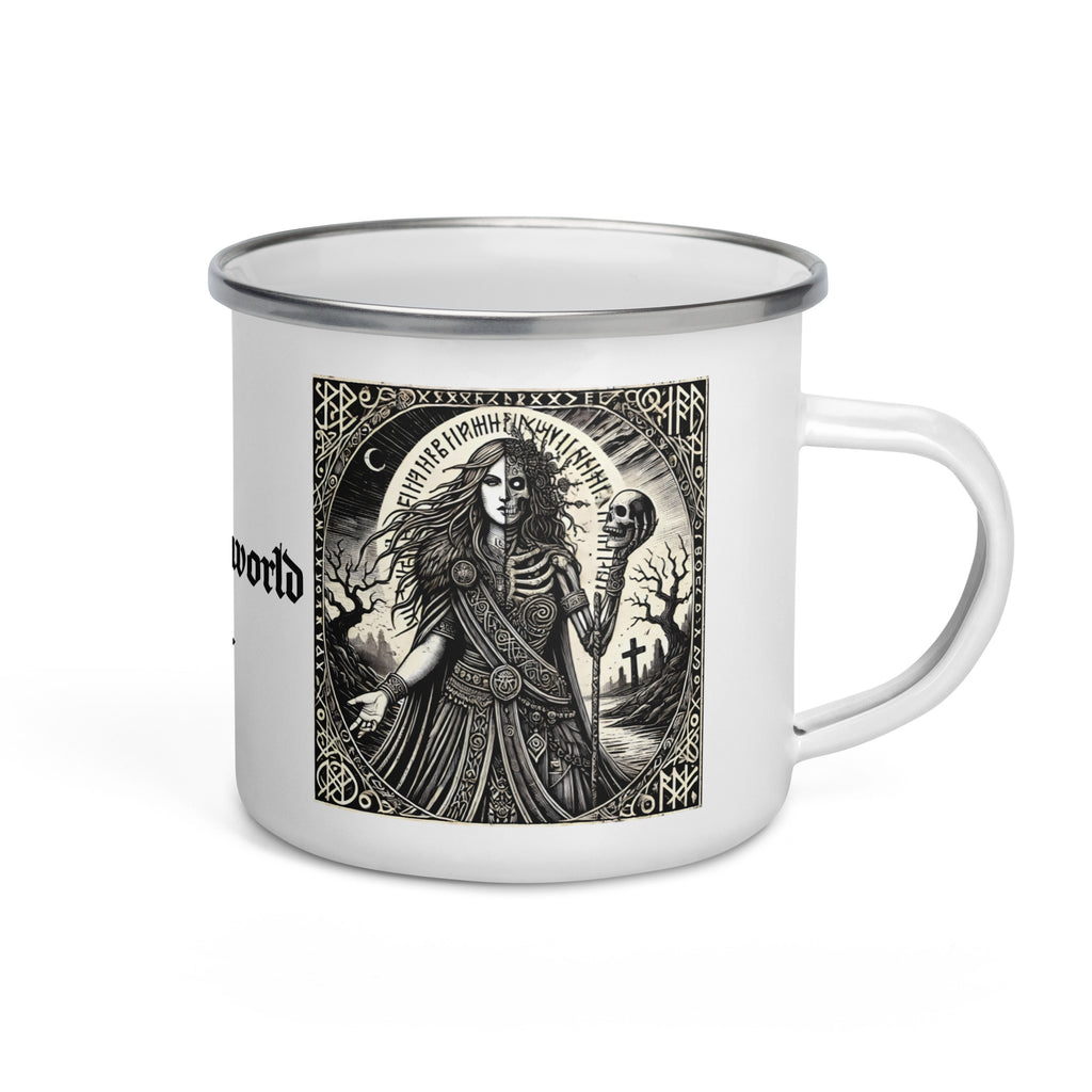 Hel Norse goddess enamel mug with woodcut-style artwork showing her half-living, half-skeletal face, framed by Elder Futhark runes