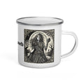 Hel Norse goddess enamel mug with woodcut-style artwork showing her half-living, half-skeletal face, framed by Elder Futhark runes