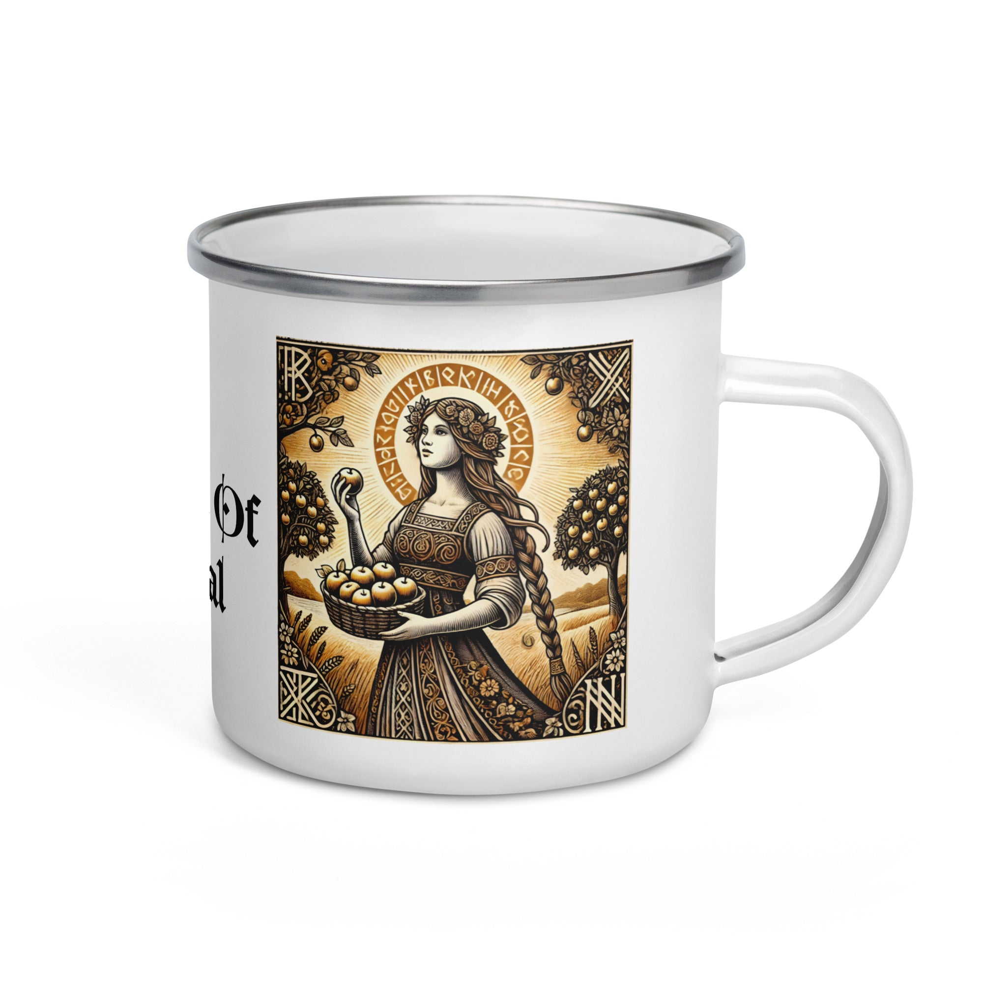Idun Norse goddess enamel mug featuring woodcut-style artwork of Idun holding the golden apple of youth, framed by Elder Futhark runes and apple blossoms