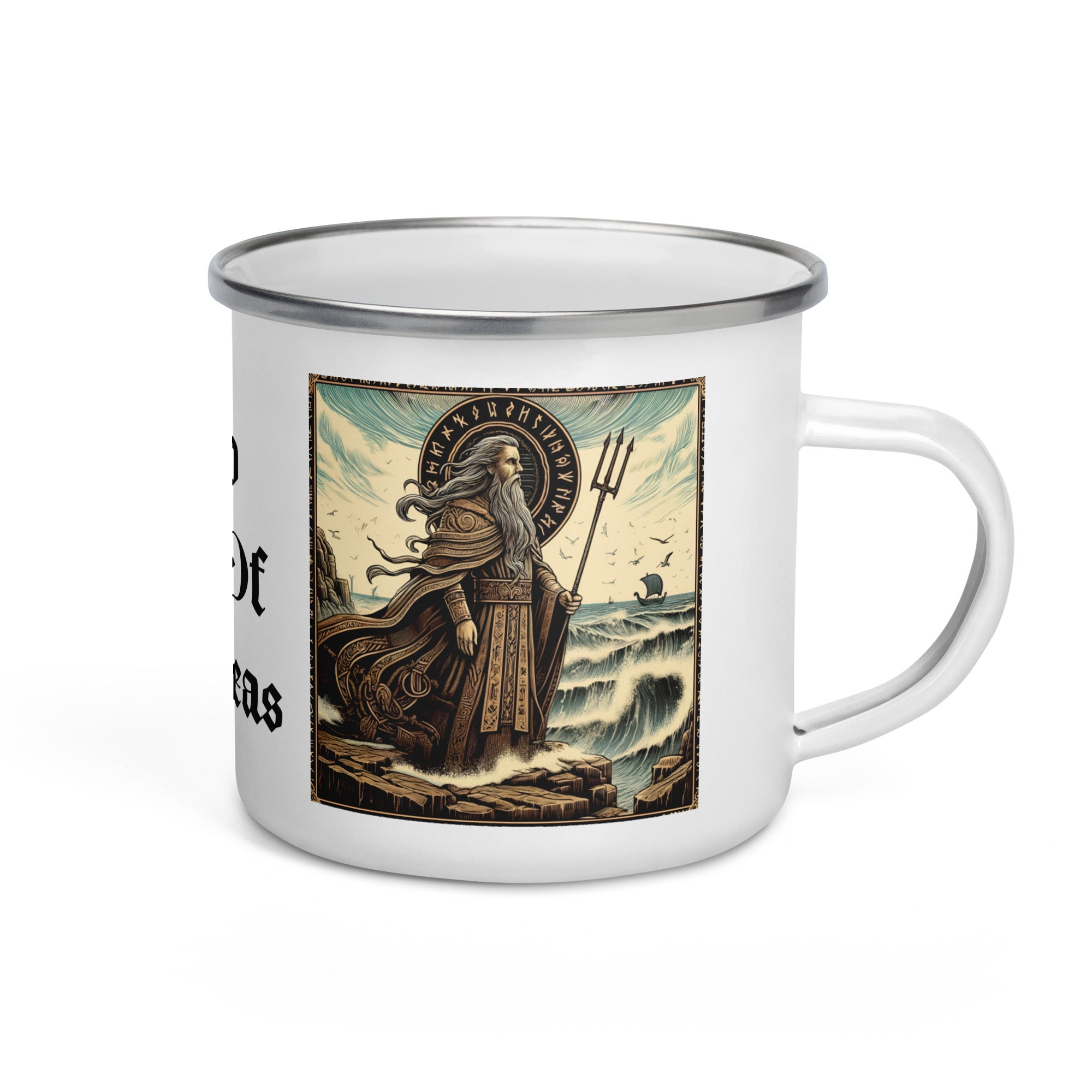 Viking enamel mug featuring Njord, Norse god of the sea and winds, with woodcut-style maritime design