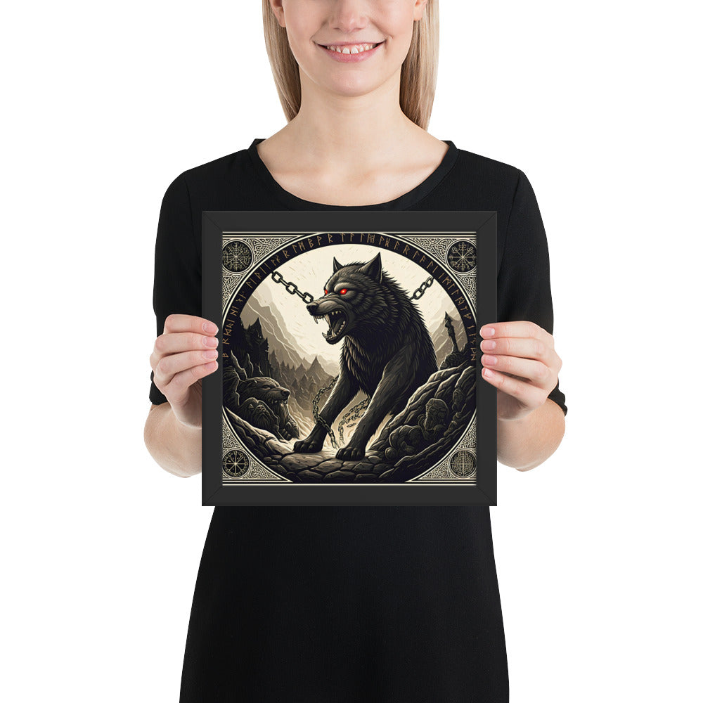 Fenrir Norse mythology wall art with glowing runes and bound wolf imagery