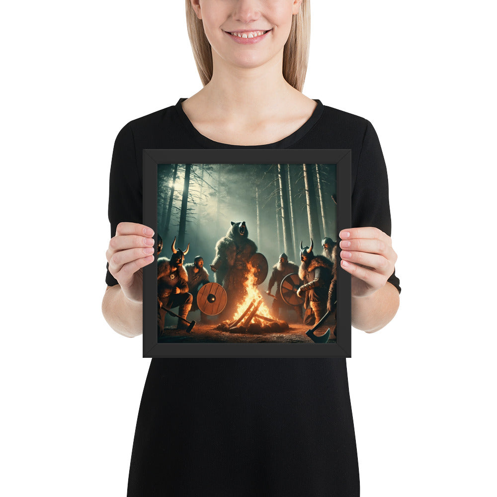 Viking berserker framed art with bear pelt warrior and ceremonial flames
