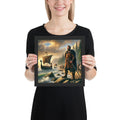 Viking longship and explorer wall decor featuring Leif Erikson on coastal shore