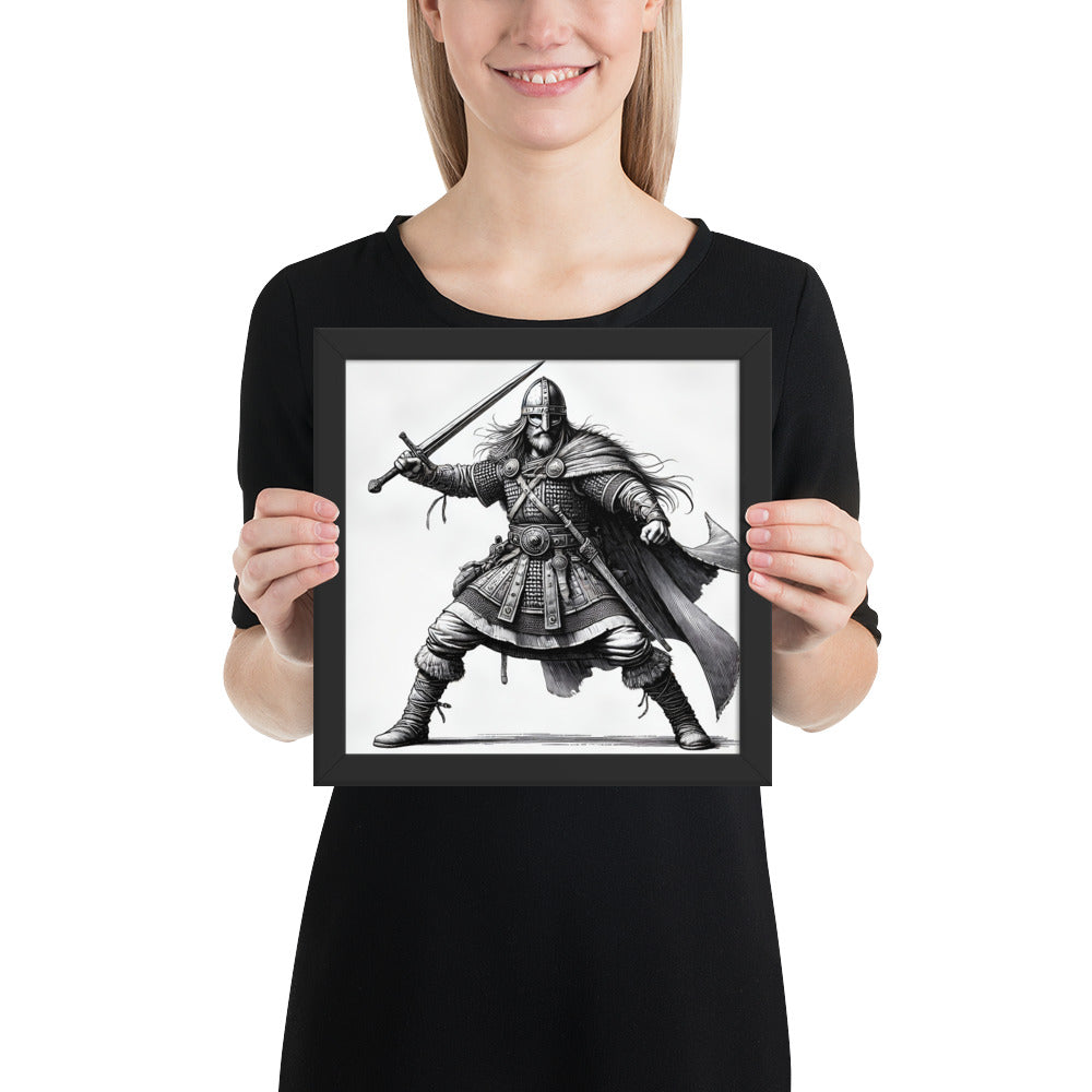 Viking woodcut warrior art print with raised sword and cloak