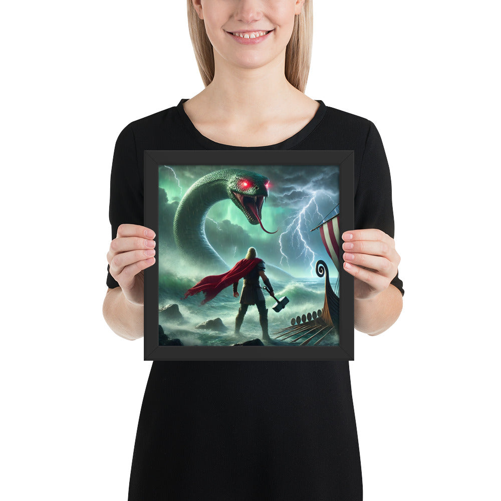 Thor Jörmungandr framed print symbolizing fate and cosmic conflict