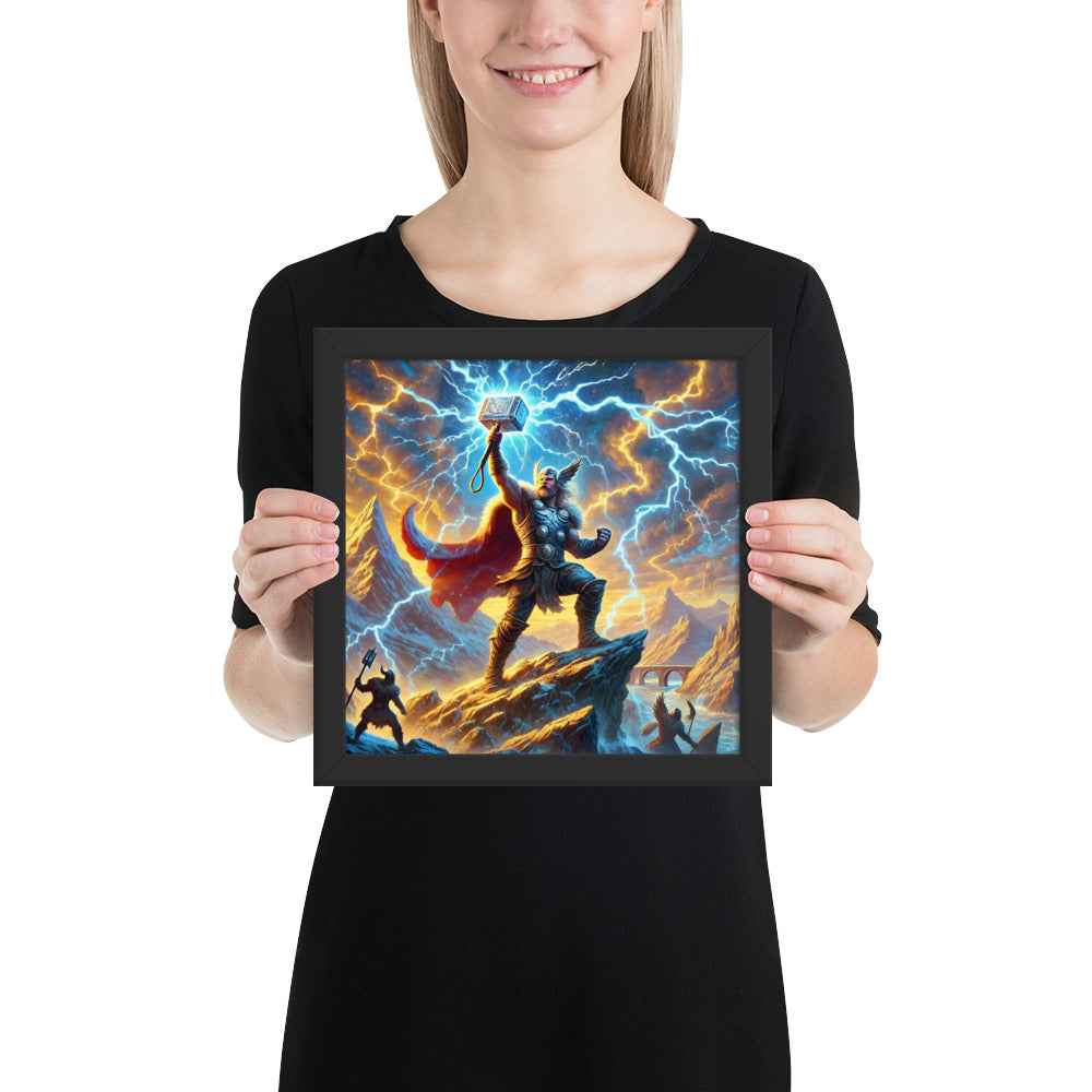 Norse god Thor art print with lightning storm and red cloak