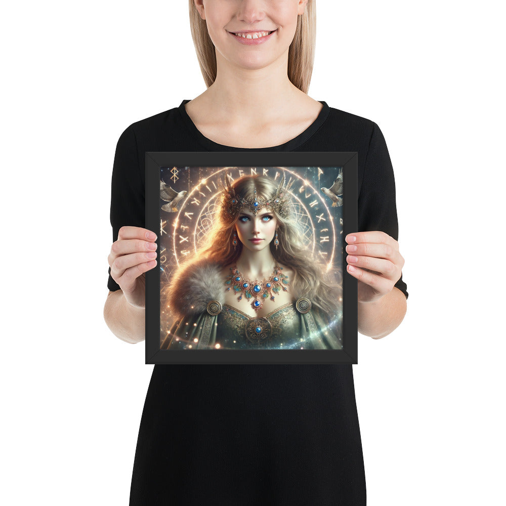 Nordic goddess art print with Freya and symbolic runes of protection