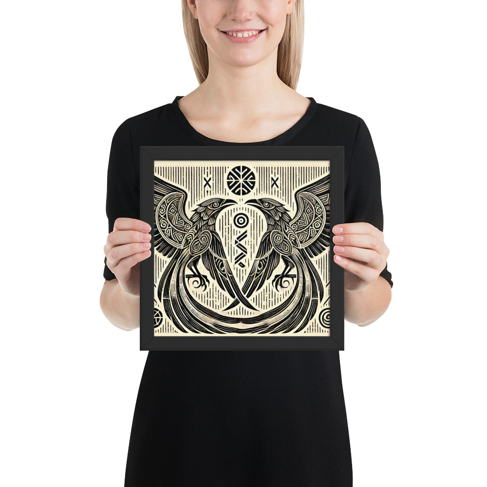 Nordic raven wall decor with bold black and white woodcut illustration