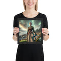 Viking era woman artwork with shield watching the horizon at night