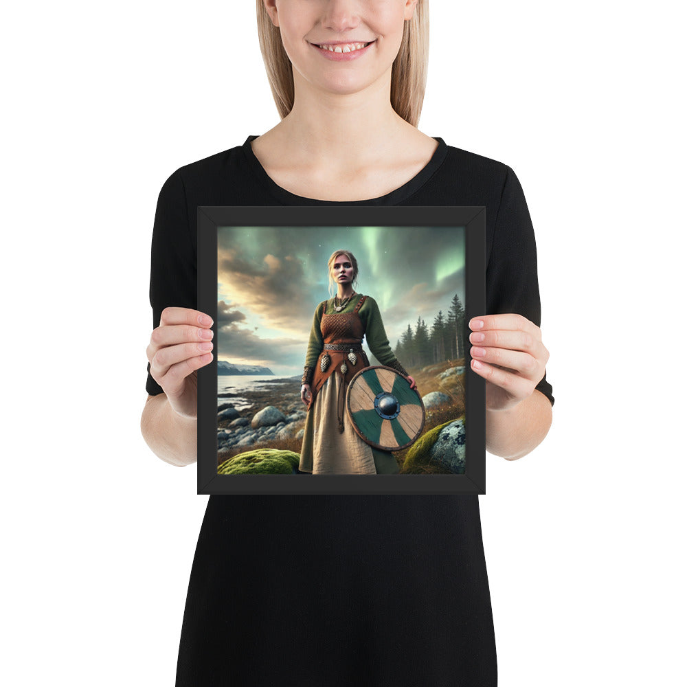Viking era woman artwork with shield watching the horizon at night
