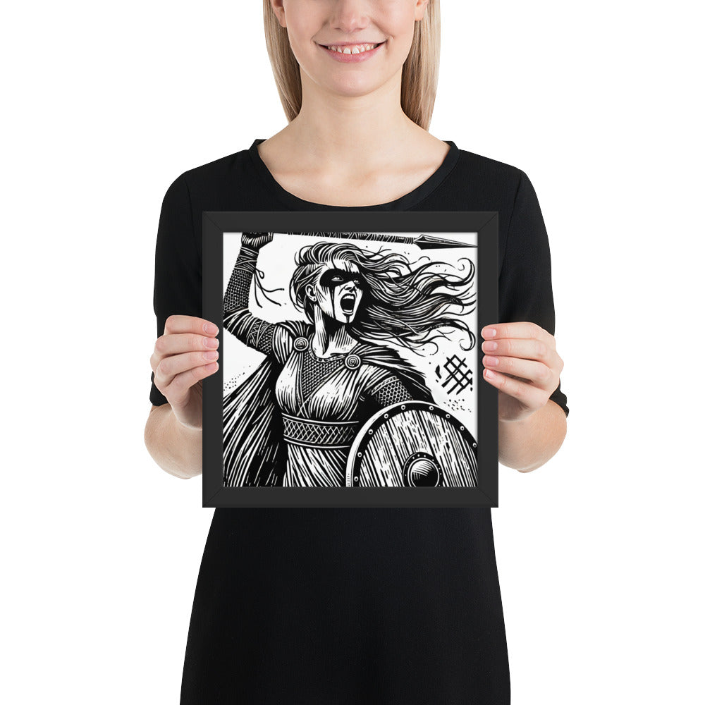 Shieldmaiden wall art with raised spear and traditional woodcut illustration