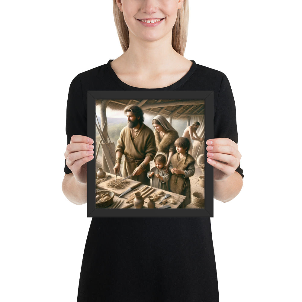 Ancient farming family framed art inspired by Stone Age domestic life