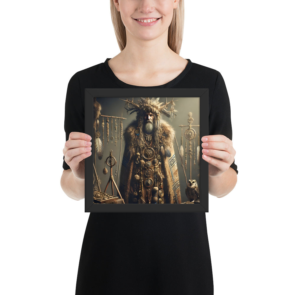 Museum-style Neolithic shaman artwork with symbolic pendants and ritual staff