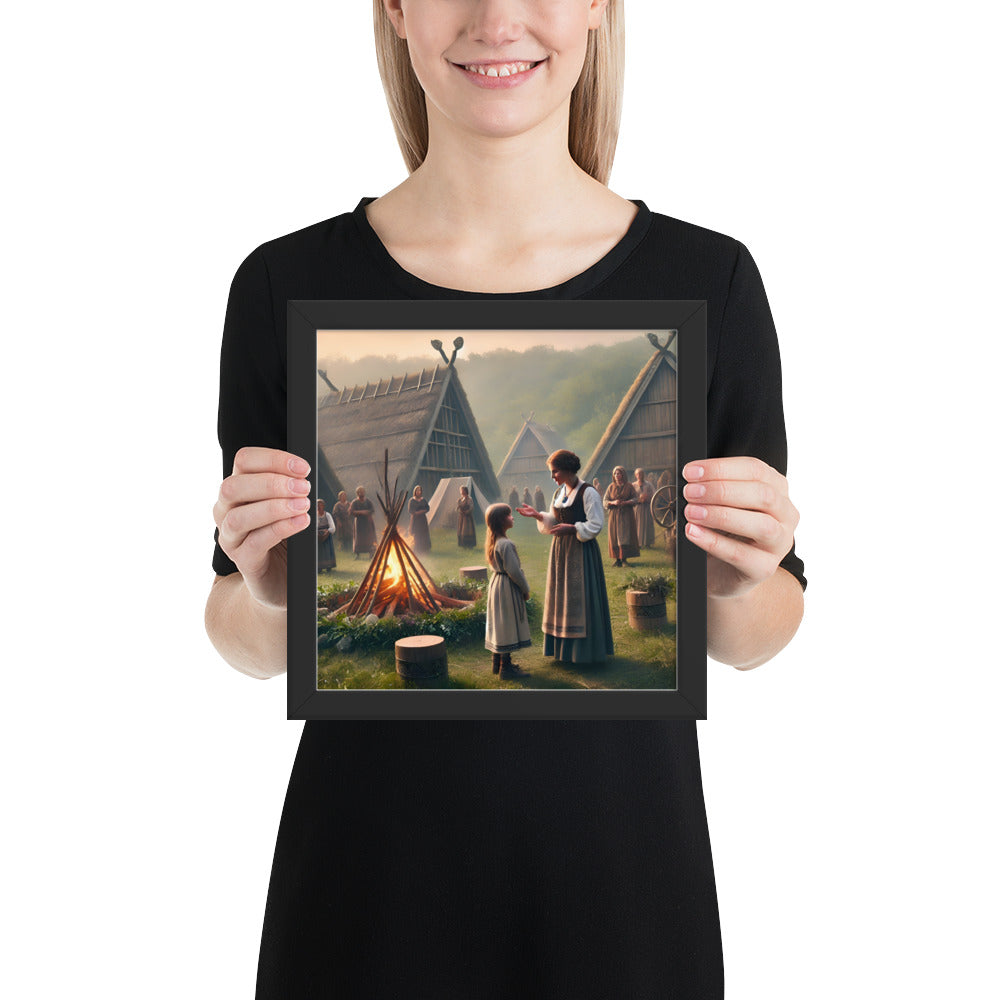 Heritage wall art showing ancestral storytelling in a twilight village setting