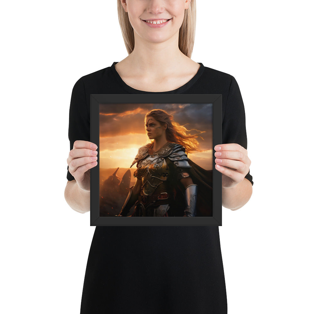 Mythic Scandinavian wall art portraying a Valkyrie in armor at dusk