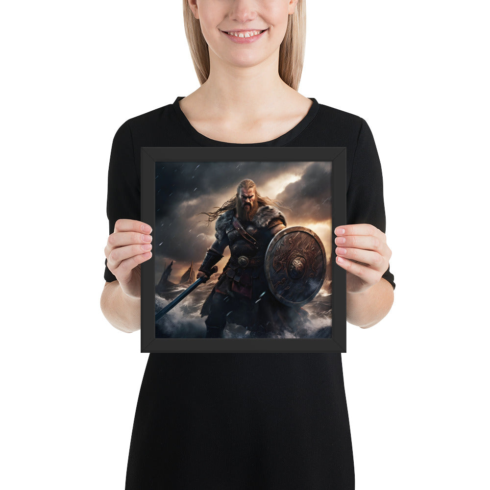 Mythic Scandinavian wall art of a berserker facing sea and lightning