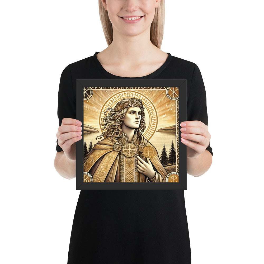 Scandinavian mythology framed artwork portraying Balder in serene radiance