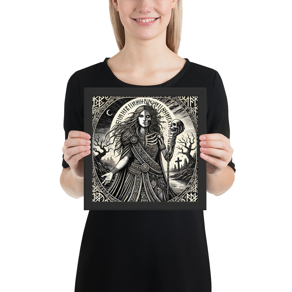 Dark mythology framed artwork of Hel representing mortality and balance