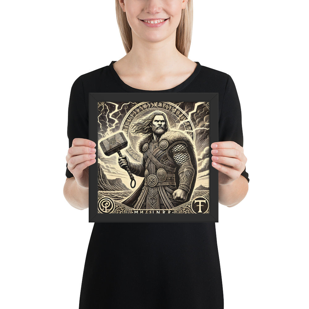 Nordic mythology décor featuring Thor with hammer and ancient runes