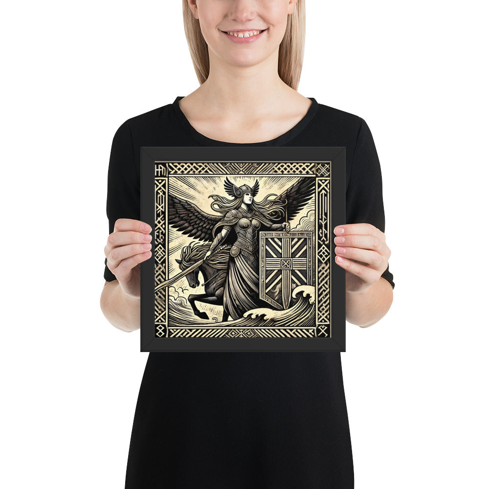 Norse mythology wall décor featuring a Valkyrie riding a horse with runic knotwork border