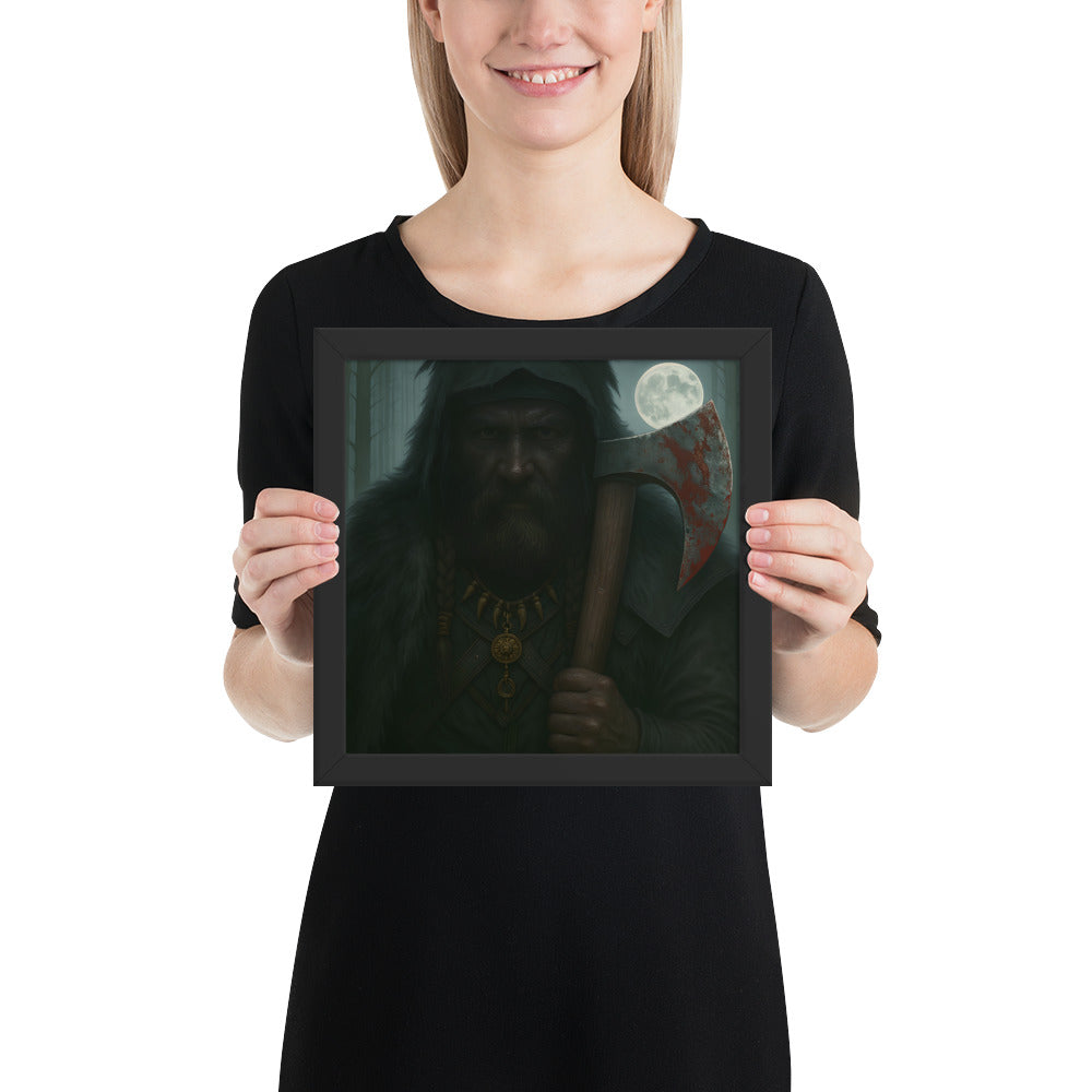 Dark pagan Viking artwork featuring a berserker warrior emerging from shadow with axe